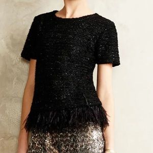 Delleta Anthro Boucle Feather Trim sequins shimmer short sleeve party top NWOTS